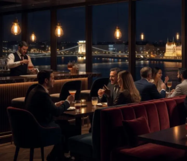 Budapest éjszakai fényei, elegáns éttermi ablakon keresztül