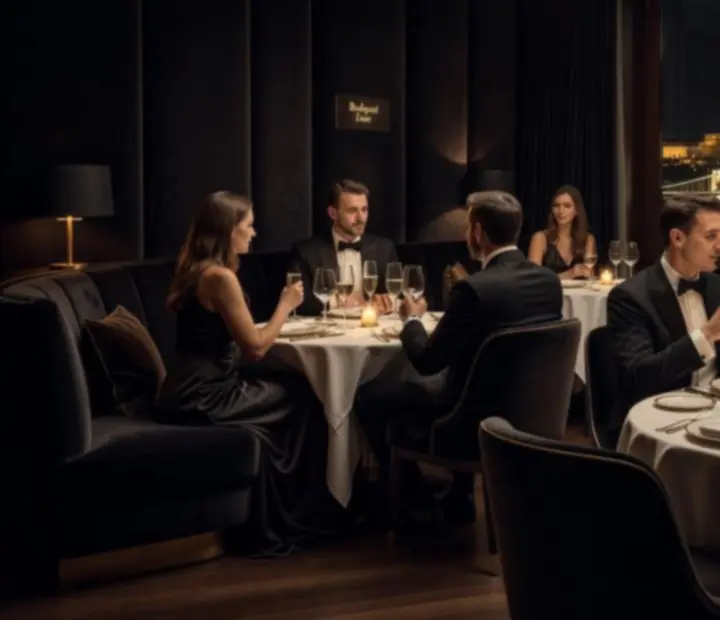 Elegáns, sötét hangulatú privát rendezvényterem Budapesten, ünneplő vendégekkel és gyertyafényes asztalokkal