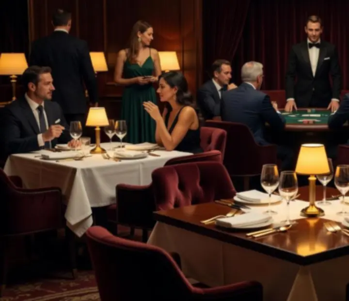 Hangulatos, sötét tónusú éttermi és lounge enteriőr elegáns asztalokkal